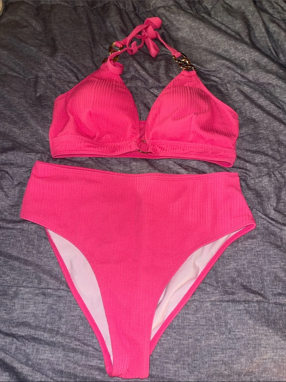 SHEIN Hot Pink High-Waist Halter Bikini Set